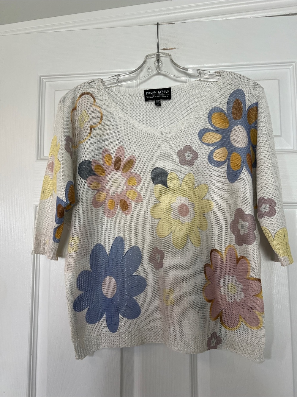 Frank Lyman Design Cream Scoop Neck Floral Knit Sweater - Blue, Yellow, Pink